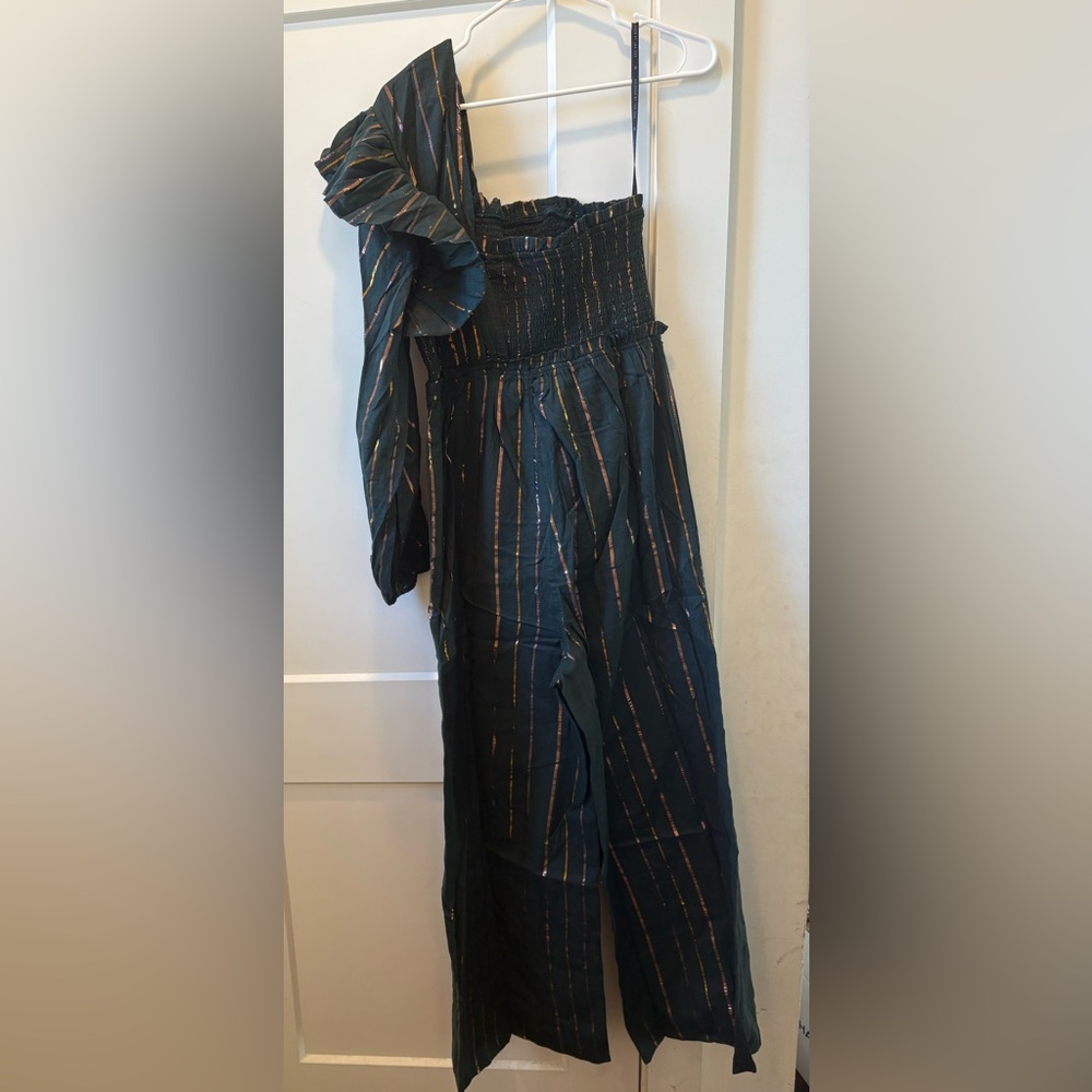 FARM Rio Black One-Shoulder Jumpsuit with Metallic Stripes - Picture 2 of 4